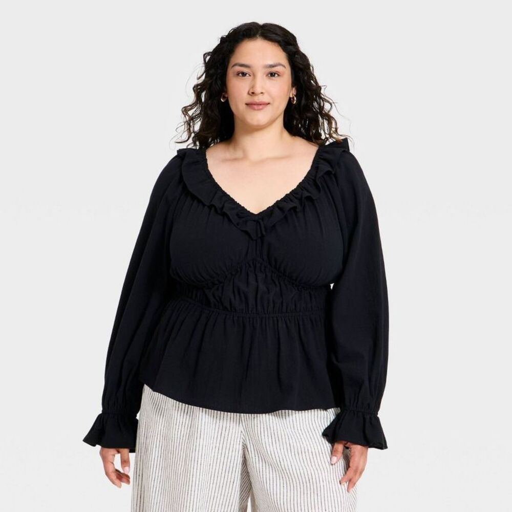 Women's Plus Balloon Long Sleeve V-Neck Frill Woven Top - Ava & Viv Black 2X